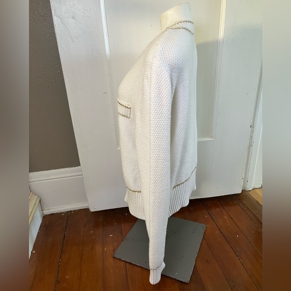 Adrianna Papell Metallic Stripe Waffle Knit Crop Cardigan Ivory Gold Size L - Picture 4 of 13